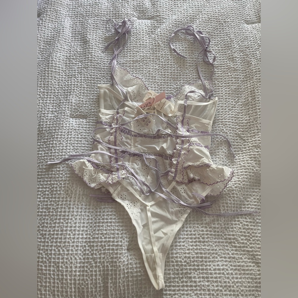 For Love And Lemons White Lace Eyelet Teddy with Lavender Trim